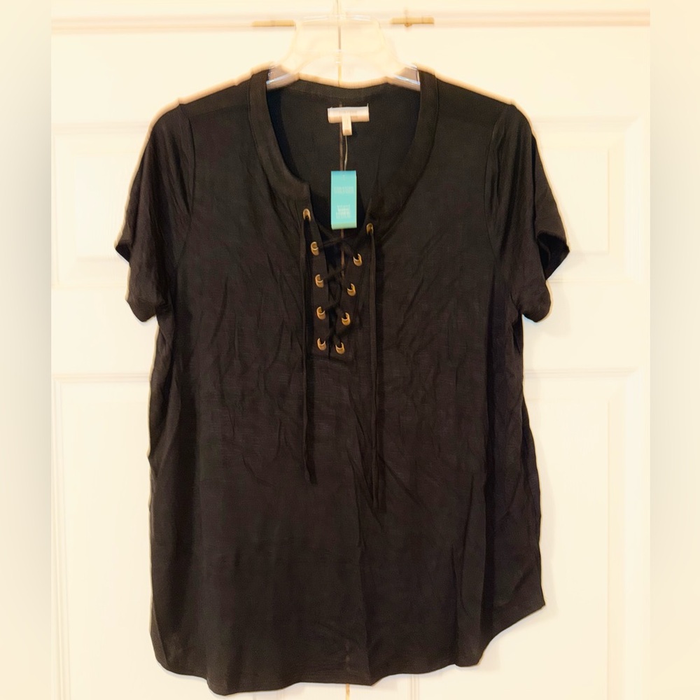 Maurices Black Lace-Up Short Sleeve Top